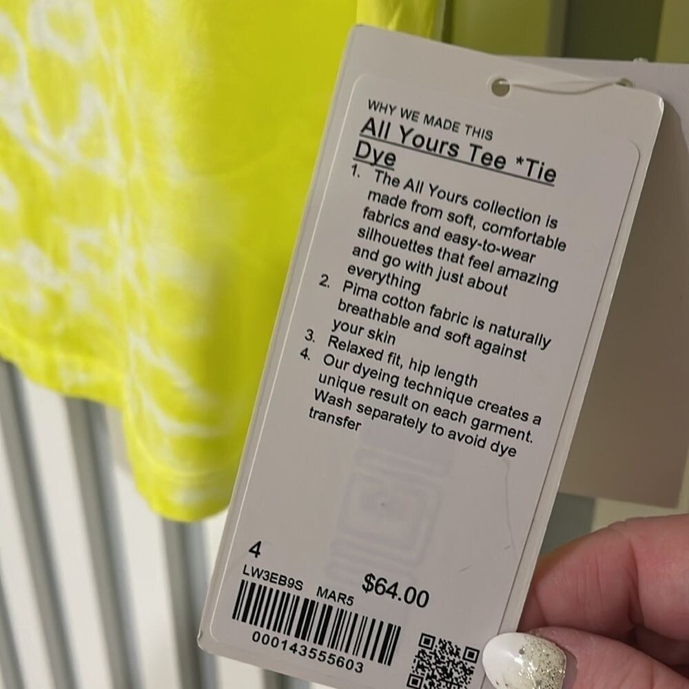 Lululemon All Yours Cotton Tee Tie Dye Yellow Size 4 NWT 💛 - Picture 4 of 7
